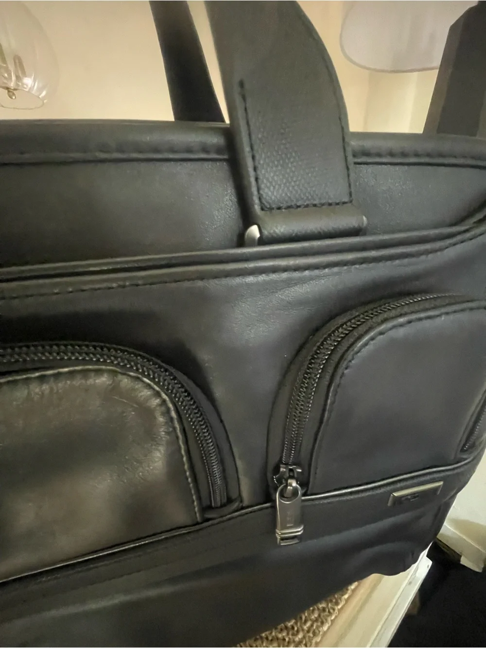 Tumi Black Leather Laptop Briefcase with Front Zip Pockets